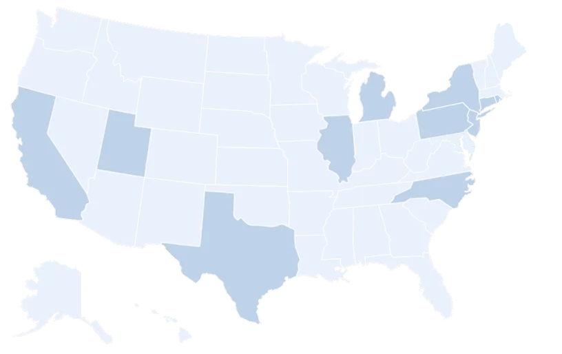 Map of the United States with several states shaded blue to indicate selection or emphasis.